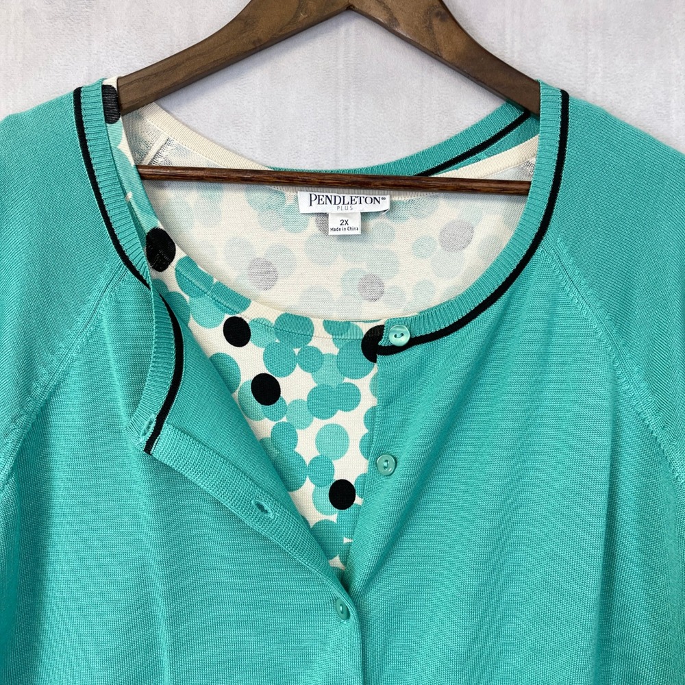 Pendleton Plus Cardigan Twin Set Size 2X Silk Blend Polka Dot Preppy Old Money - Picture 2 of 14